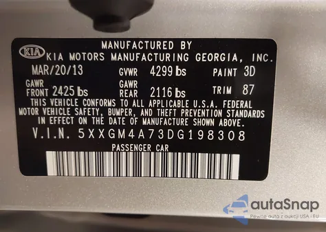 2013 Kia Optima Lx из США, поврежденный, VIN 5XXGM4A73DG198308